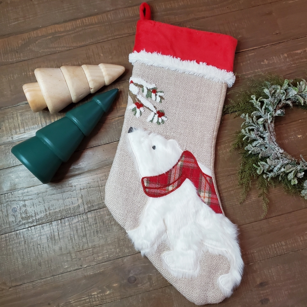NWOT Jingle & Joy 3D Faux Fur Polar Bear Embroidered Christmas Stocking